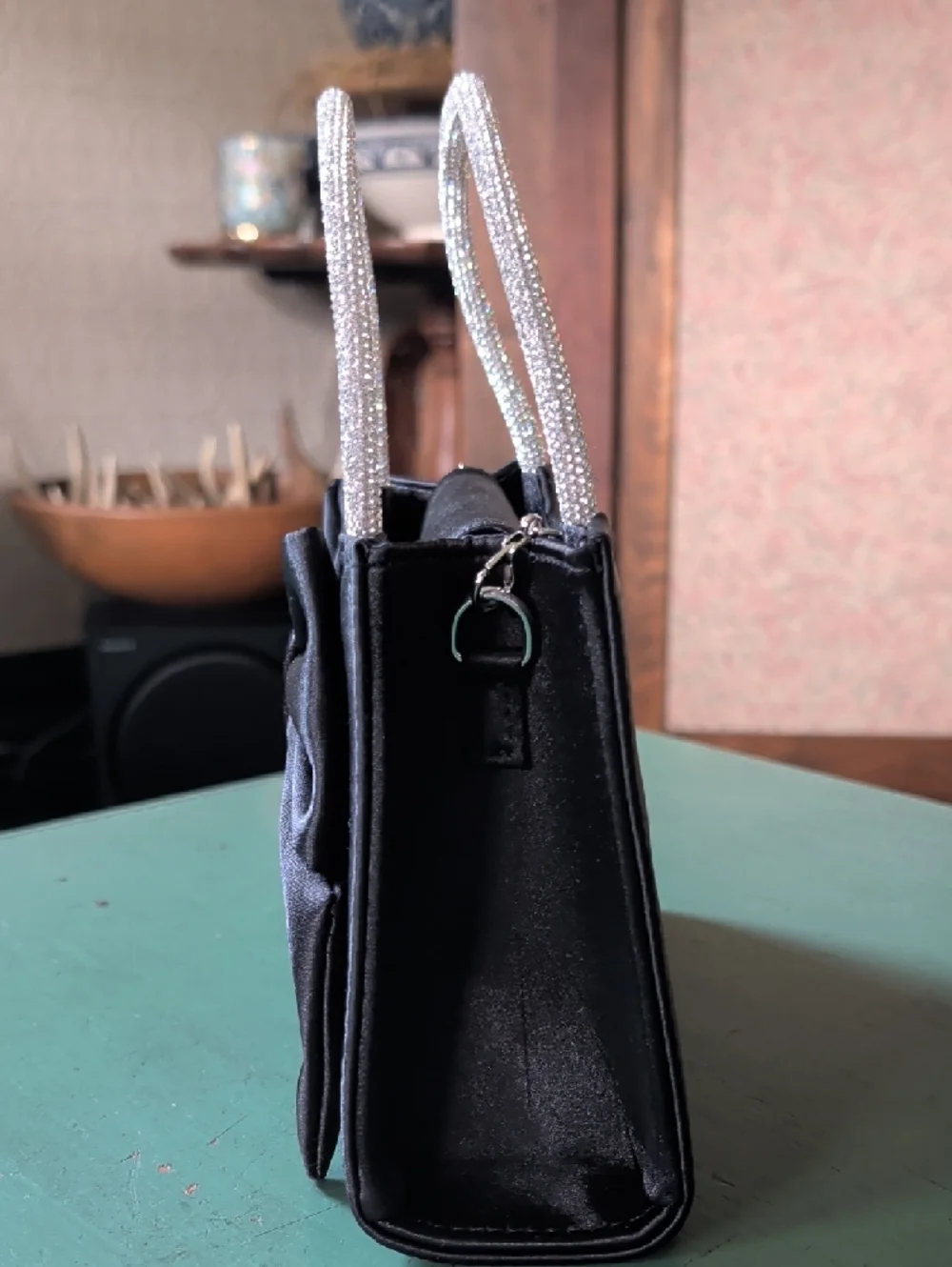 Elegant Black Bow Satin Handbag with Rhinestone Handles Formal Prom Event - Picture 4 of 10